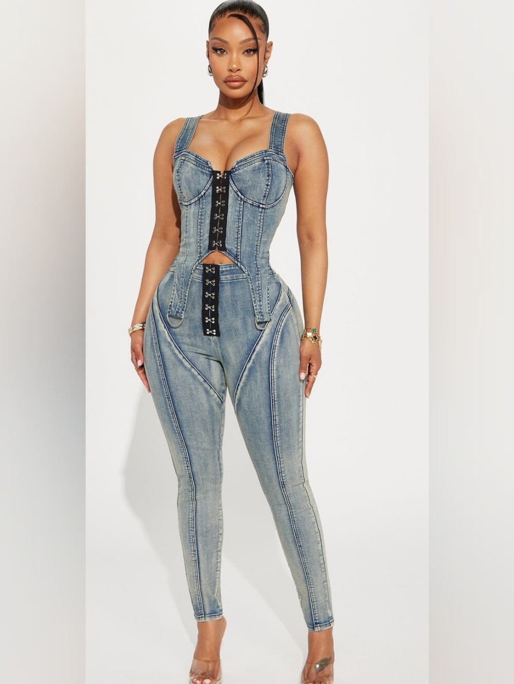High-Rise Denim Corset Jeans And Top- Light Blue